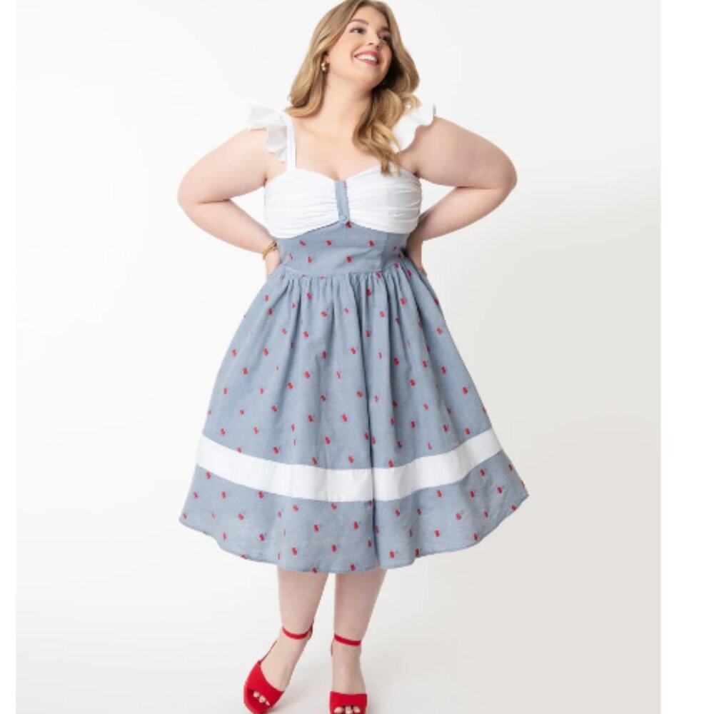 Unique Vintage Plus Size 1950s Chambray & Cherry Print Lola Swing Dress
